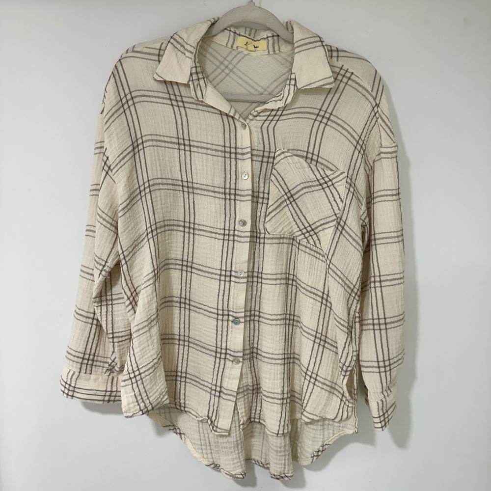 Love Notes Button Down Shirt S Cream Brown Cotton Gauze‎ Plaid Oversized Women